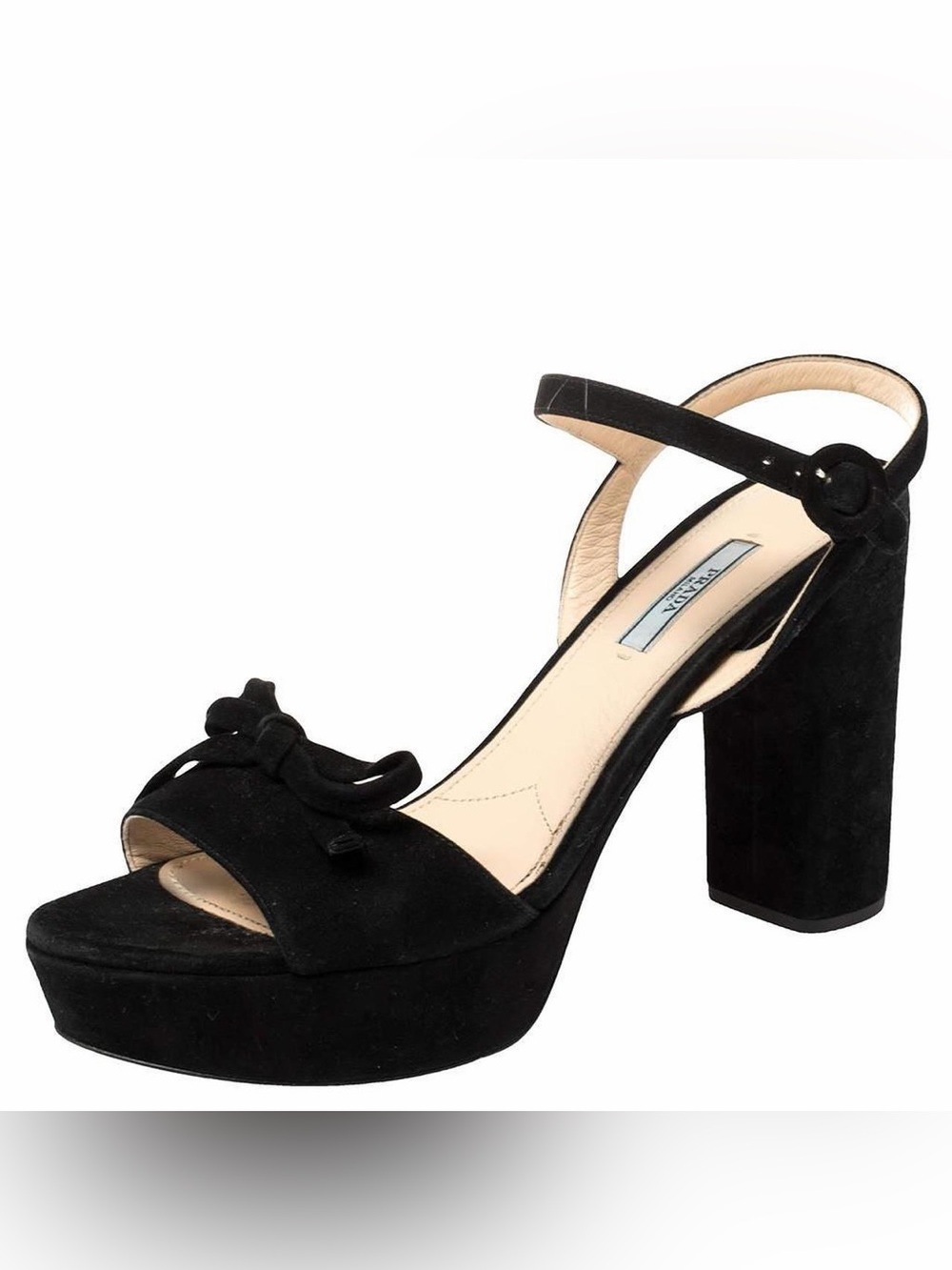 Prada Black Suede Platform Block Heel Sandal with Bow